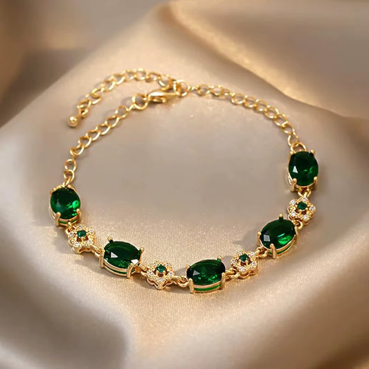 Elegant Green Rhinestone Crystal Bracelet Gold Color Link Chain Bracelets for Women Vintage Party Wedding Bridal Jewelry Gifts