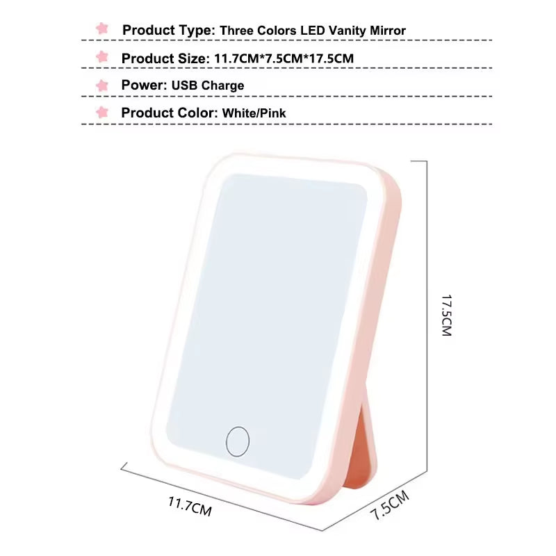 3 Colors LED Vanity Mirror with Touch Screen USB Rechargeable Dimming Makeup Mirror 3 Brightness Portable