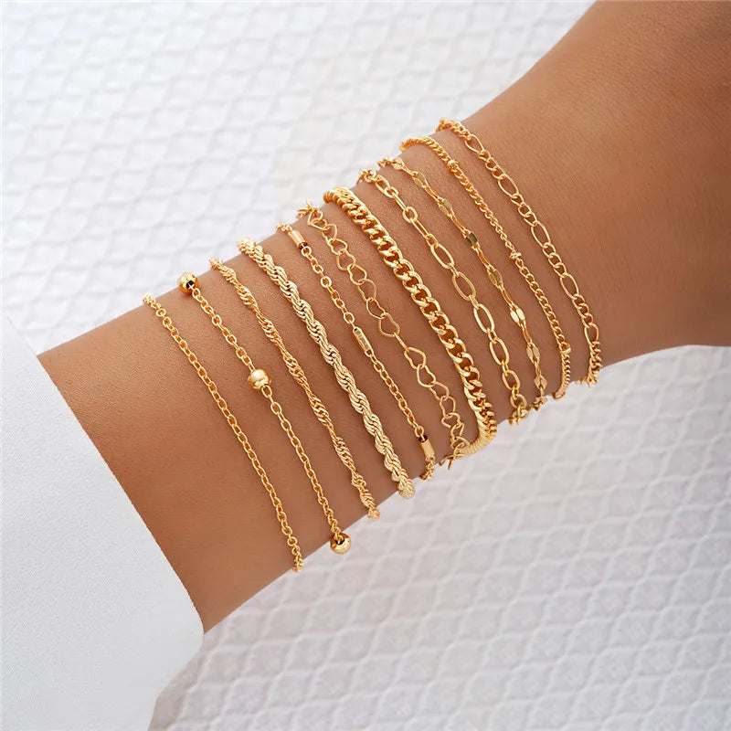 Cuban Chain Bracelet Set for Women, Gold Color, Boho Retro, Thick Twist, Trendy Quality Jewelry Gifts, 11Pcs, 2024