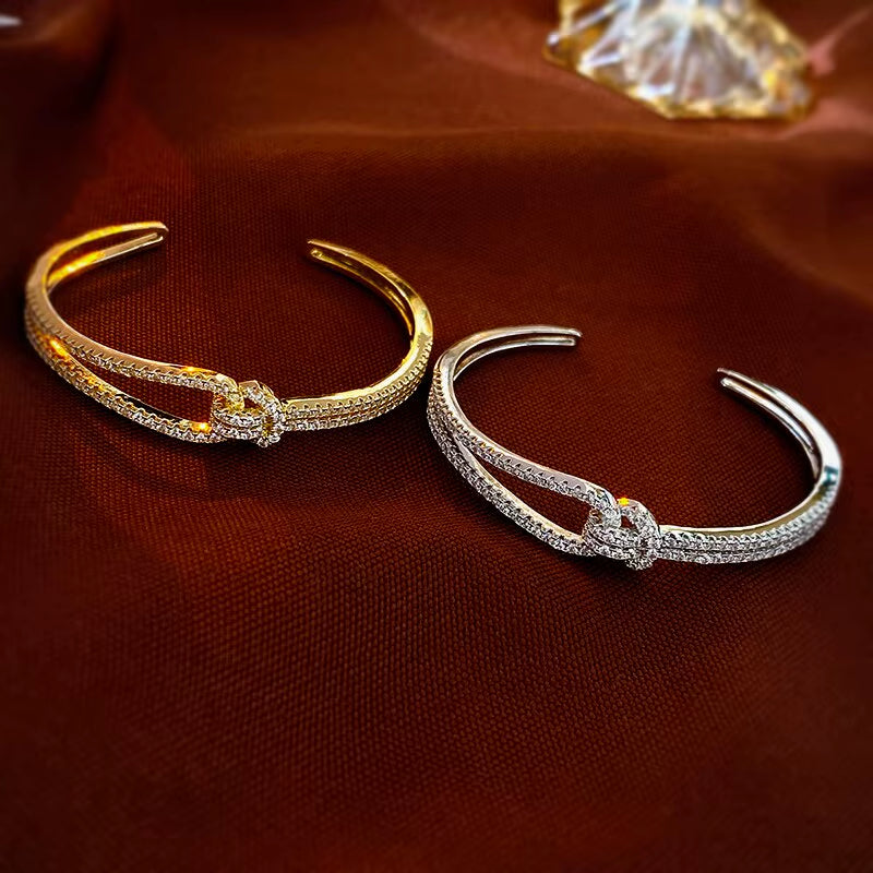 Exquisite Full Zircon Cuff Bracelets Gold Plating Copper Knot Opening Bracelet Minimalist Women'S Bangle for Wedding Party