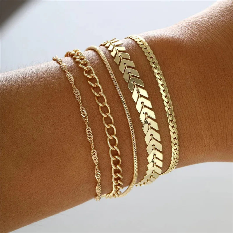 Cuban Chain Bracelet Set for Women, Gold Color, Boho Retro, Thick Twist, Trendy Quality Jewelry Gifts, 11Pcs, 2024