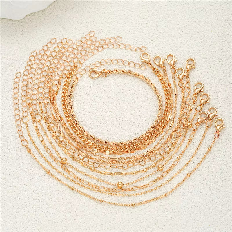 Cuban Chain Bracelet Set for Women, Gold Color, Boho Retro, Thick Twist, Trendy Quality Jewelry Gifts, 11Pcs, 2024