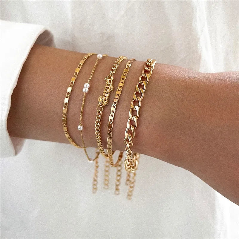 Cuban Chain Bracelet Set for Women, Gold Color, Boho Retro, Thick Twist, Trendy Quality Jewelry Gifts, 11Pcs, 2024