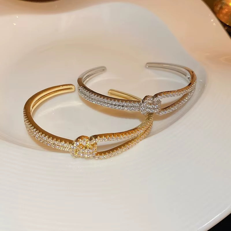 Exquisite Full Zircon Cuff Bracelets Gold Plating Copper Knot Opening Bracelet Minimalist Women'S Bangle for Wedding Party