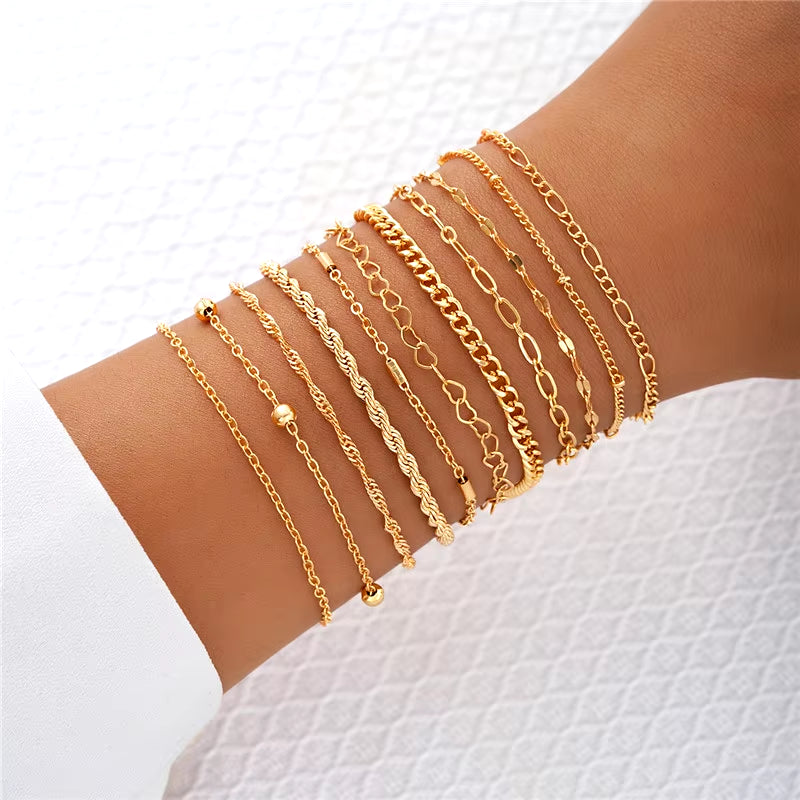 Cuban Chain Bracelet Set for Women, Gold Color, Boho Retro, Thick Twist, Trendy Quality Jewelry Gifts, 11Pcs, 2024
