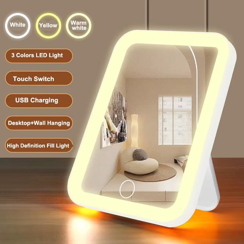 3 Colors LED Vanity Mirror with Touch Screen USB Rechargeable Dimming Makeup Mirror 3 Brightness Portable