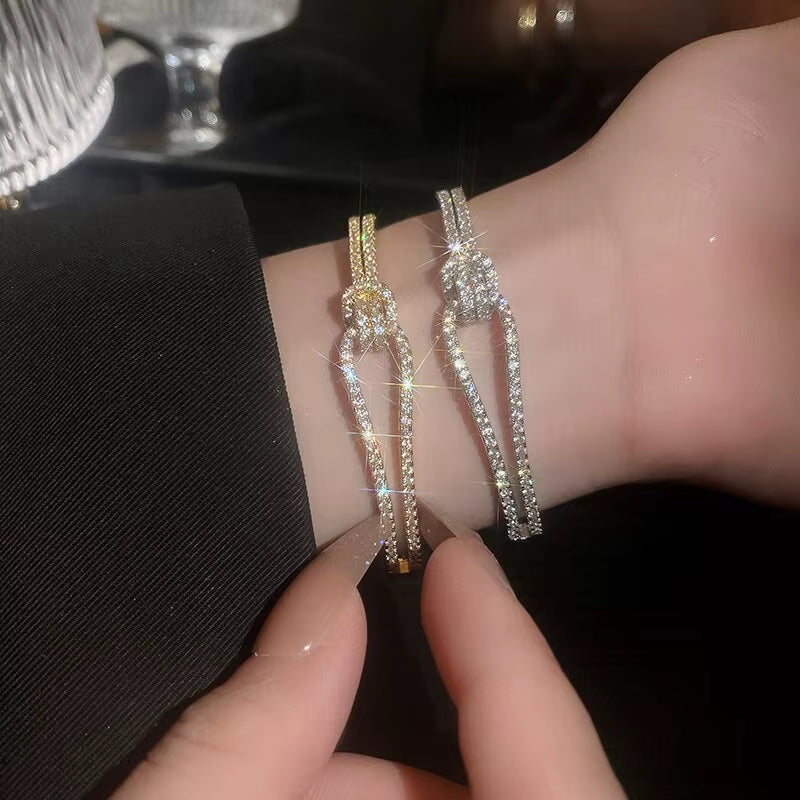 Exquisite Full Zircon Cuff Bracelets Gold Plating Copper Knot Opening Bracelet Minimalist Women'S Bangle for Wedding Party