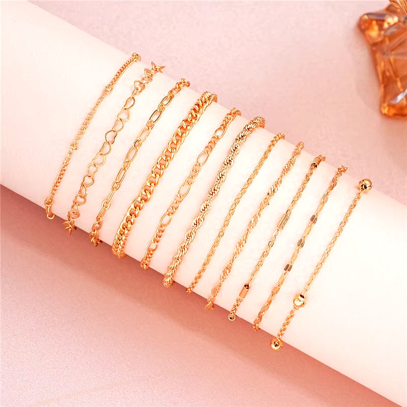 Cuban Chain Bracelet Set for Women, Gold Color, Boho Retro, Thick Twist, Trendy Quality Jewelry Gifts, 11Pcs, 2024