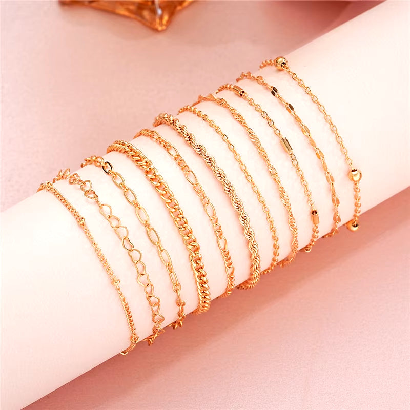 Cuban Chain Bracelet Set for Women, Gold Color, Boho Retro, Thick Twist, Trendy Quality Jewelry Gifts, 11Pcs, 2024