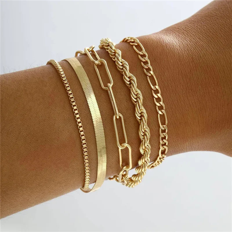 Cuban Chain Bracelet Set for Women, Gold Color, Boho Retro, Thick Twist, Trendy Quality Jewelry Gifts, 11Pcs, 2024